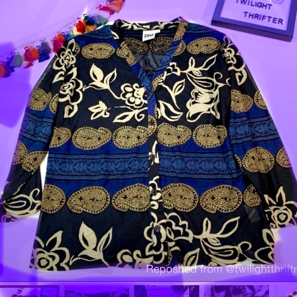 Johnny Was Tops - Vintage Johnny Was tunic, buttons, Blue, tan, blk?   contemp, RTW  M/S